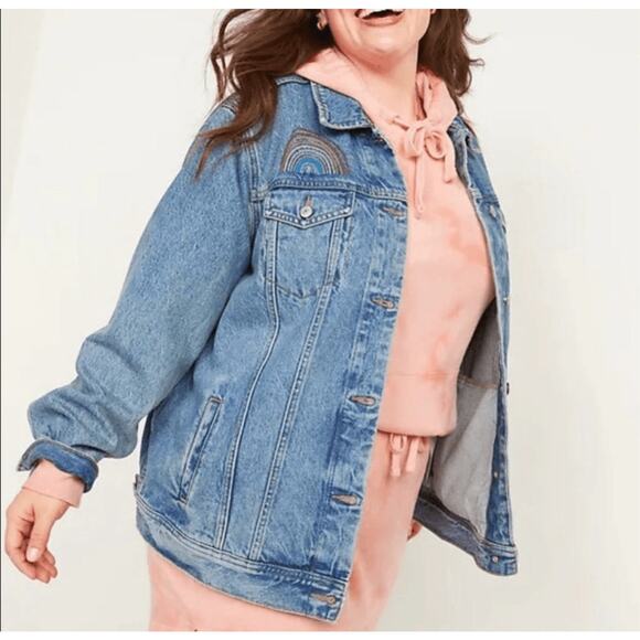 Old Navy Boyfriend Trucker Rainbow Denim Jean Jacket Blue sz MEDIUM - Picture 3 of 10